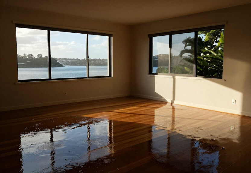 Flooded living room in Putney home before restoration