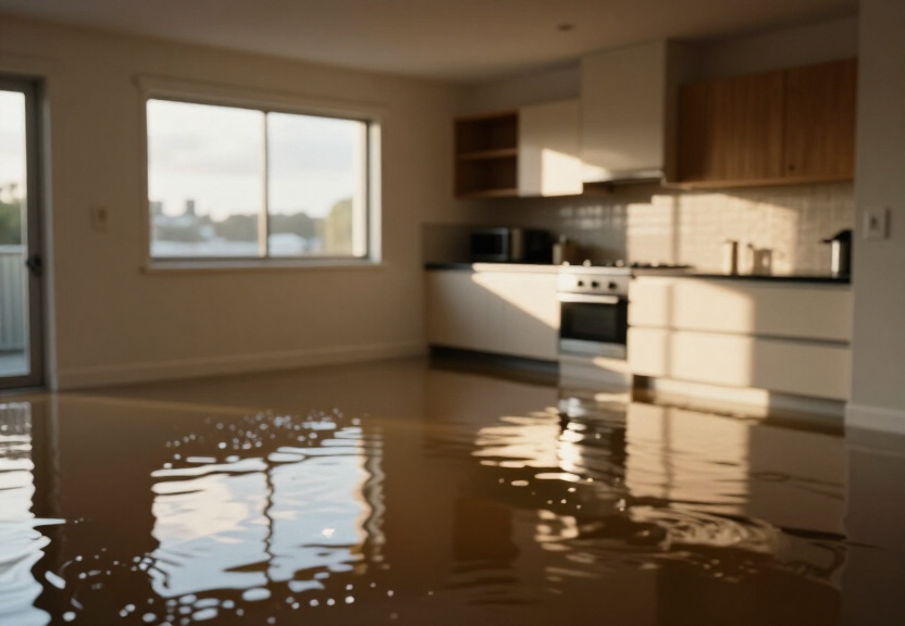 Flooded kitchen in Putney before cleanup